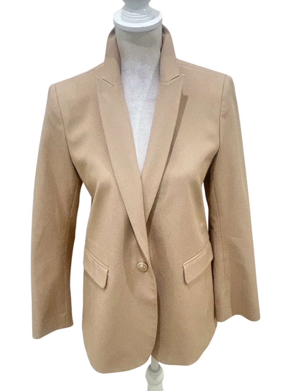 Ann Taylor tan Single-embossed Button cotton blend Blazer striped lining size 6p